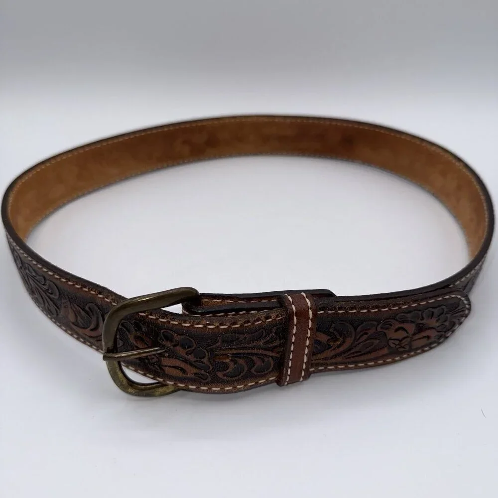 Vintage Leather Men’s Belt Tooled Horse Design Sz 36